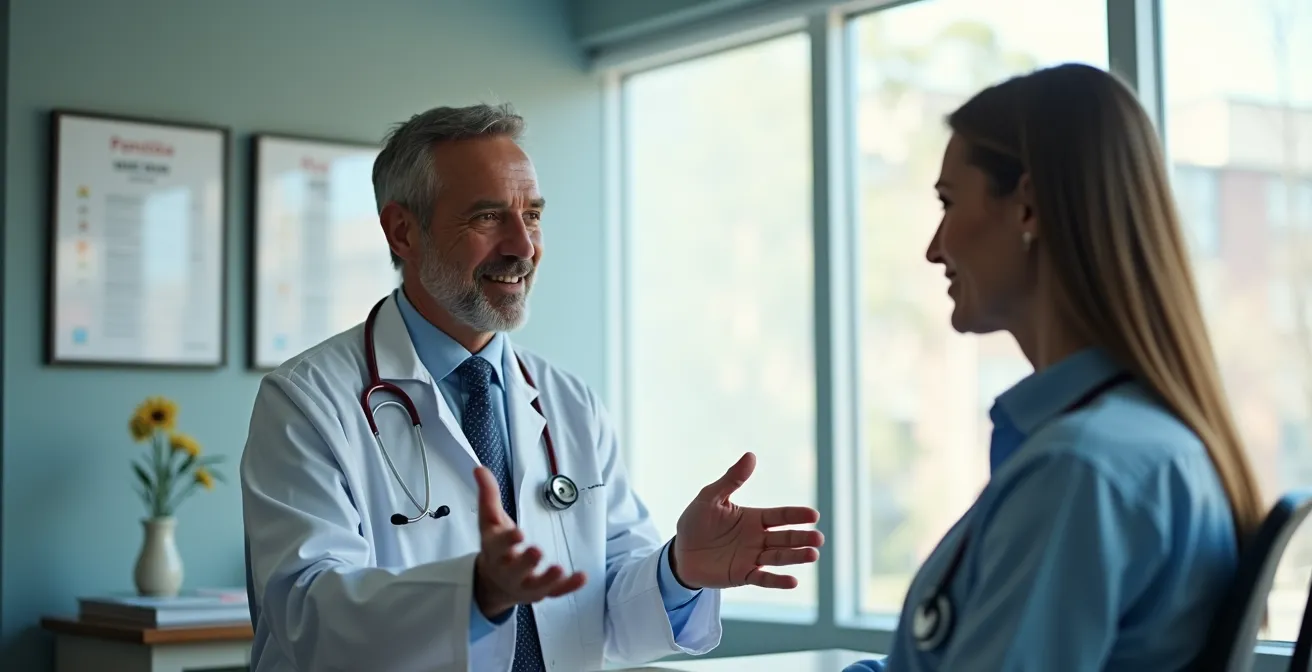 Patient et médecin en discussion dans un cabinet lumineux