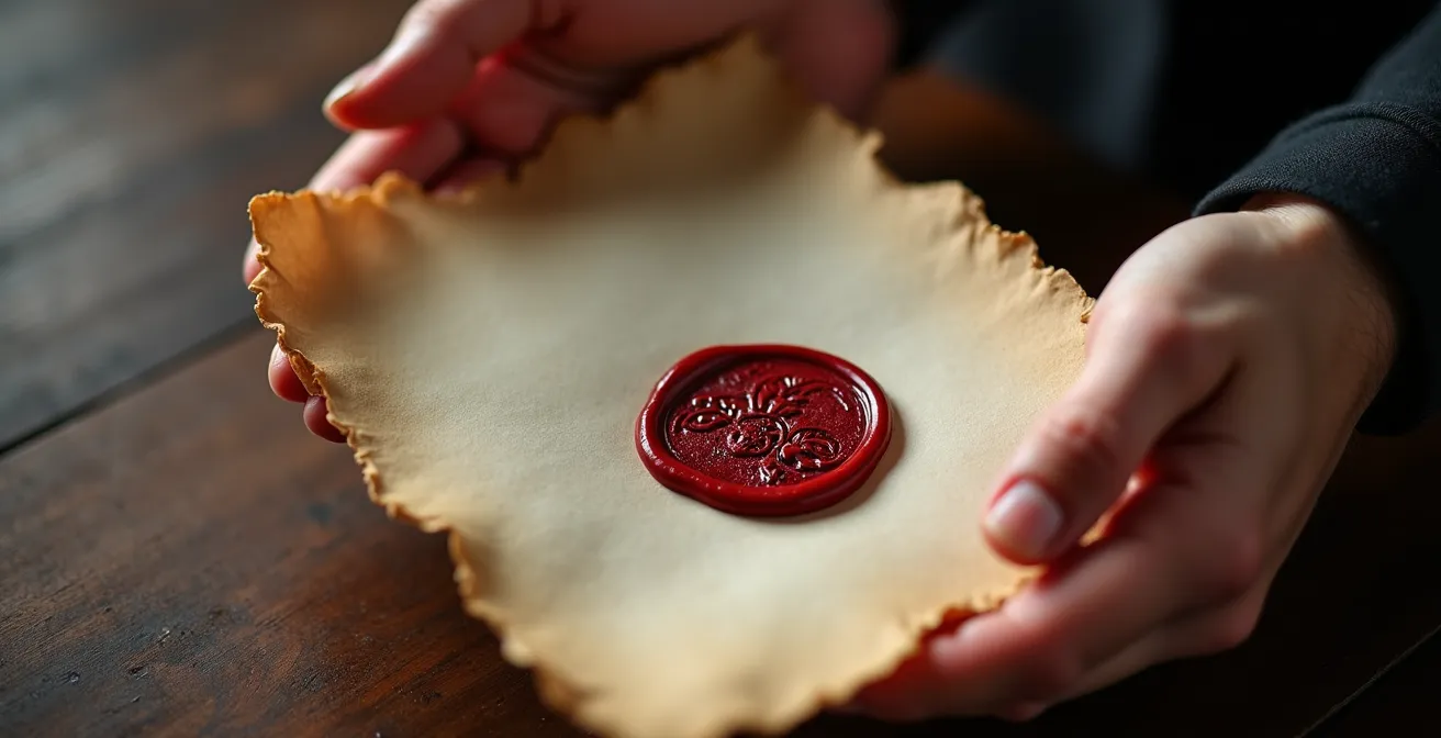 Gros plan sur des mains tenant un parchemin doré avec sceau de cire rouge